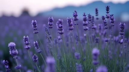 Fototapeta premium Close-up of a vibrant lavender field with a blurred background evoking tranquility and the beauty of the natural world