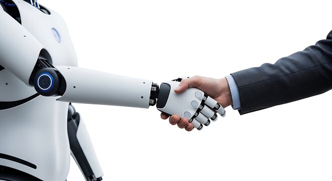 Humanoid robot AI agent and human handshake together with shadow. AI generated.