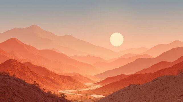 Serene Desert Landscape with Sunset Over Majestic Red Mountains