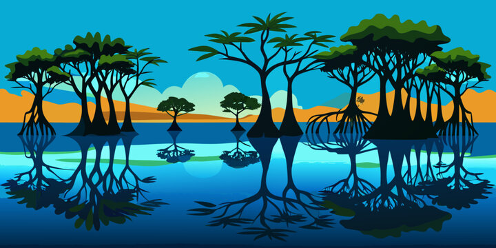 Silhouette of mangrove trees and reflections at low tide, Sumba, East Nusa Tenggar, Indonesia