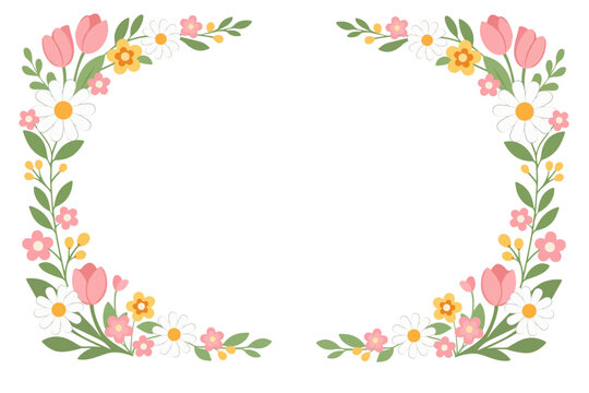 Elegant floral frame vector illustration with blooming spring flowers, tulips, daisies and leaves arranged in symmetrical border composition.