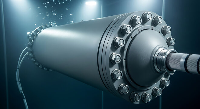 Sleek industrial apparatus submerged in a liquid environment, featuring exposed bolts and dynamic bubbles, representing cutting-edge aquatic technology