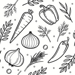 Seamless pattern with outline drawings of fresh vegetables, herbs, and spices © saharima