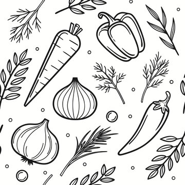 Seamless pattern with outline drawings of fresh vegetables, herbs, and spices
