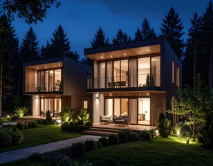 Fototapeta premium Two modern houses with wooden accents nestled in a serene, dark forest landscape