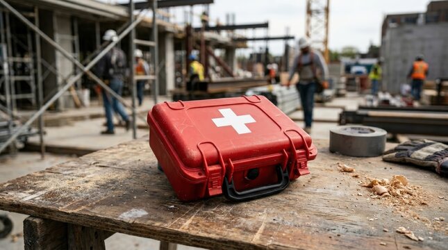 Red first aid kit on construction site desk. Industrial health and safety equipment. Emergency medical support for worker activity. Professional accident prevention on building project.