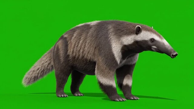 A digital illustration of a badger standing on a green background with its head turned to the right and tail extended behind.