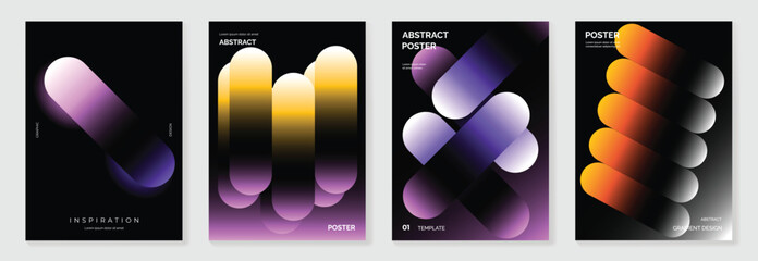 Fototapeta premium Black abstract gradient cover vector with purple and orange capsule forms and glossy depth. Modern futuristic poster design for branding, packaging, and creative editorial layouts.
