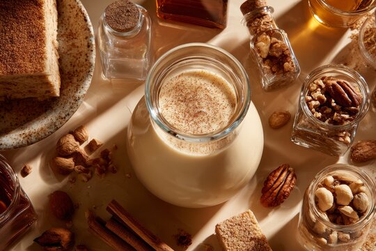 Rompope in glass jar with creamy white liquid topped with cinnamon. Plate with cake and jars filled with nuts create warm, cozy atmosphere. Concept of Eggnog style beverage Mexican traditional.