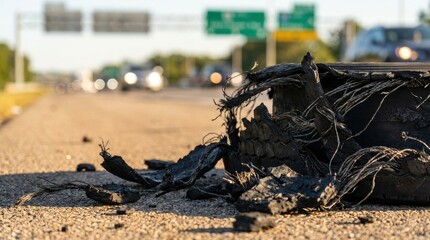 Obraz premium Close up of a blown out tire and debris on the shoulder of a multi lane highway with blurred traffic