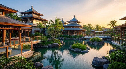 Obraz premium Serene asian inspired resort with tranquil pond and pagoda style buildings at sunset