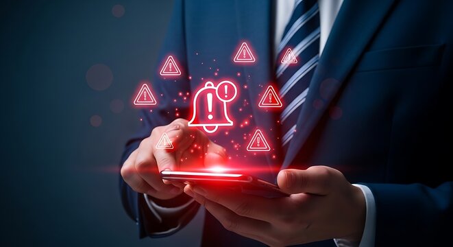 Businessman using smartphone with glowing red warning bell and triangle alert icons representing cyber security risk and urgent digital notification