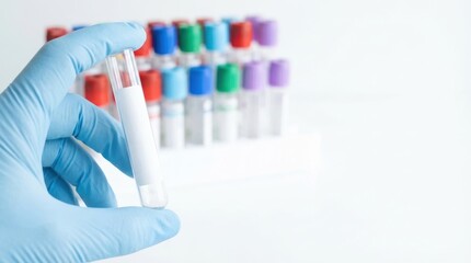 Gloved hand holding an empty test tube with white label blurred rack of colorful blood sample vials in background