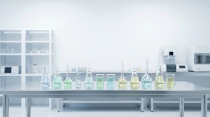 Fototapeta premium Various laboratory glassware filled with clear blue green and yellow liquids line a metallic table A clean modern