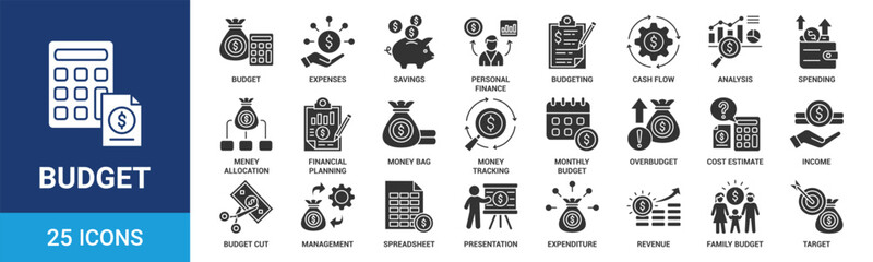 Budget icon set. Containing expenses, savings, personal finance, budgeting, cash flow, analysis, spending and more. Glyph vector icons collection.