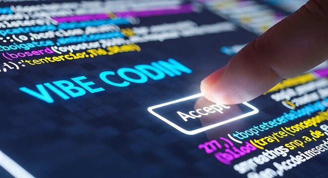Person interacting with accept button on coding interface with colorful text and code