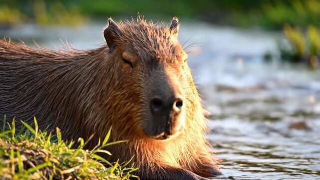 A capybara relaxes in shallow water near a grassy riverbank during warm golden-hour lighting, with soft ripples surrounding its body and a calm natural environment creating a peaceful wildlife scene.