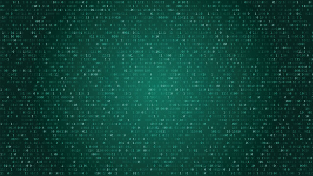 Green binary code background with glowing digital numbers and data stream