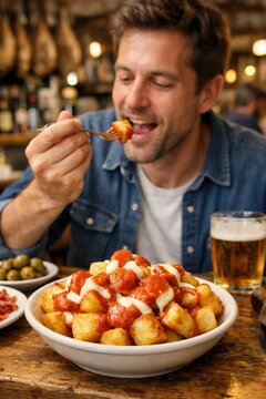 Mann genie&szlig;t Patatas Bravas mit Bier und Tapas
Junger Mann isst Patatas Bravas in einer rustikalen spanischen Tapasbar, serviert mit Bier, Oliven und weiteren klassischen Tapas.