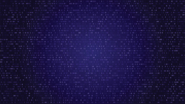 Digital binary code background with purple hue and data visualization elements for technology and coding concepts