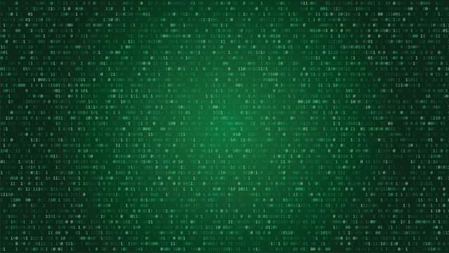 Green binary code matrix background with digital numbers and data visualization