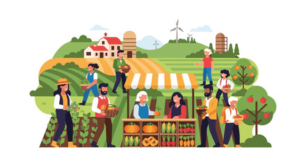 Fototapeta premium Local Farmers Market and Farm Stand Illustration. Diverse Community Buying Organic Fruits and Vegetables in a Sustainable Rural Landscape.