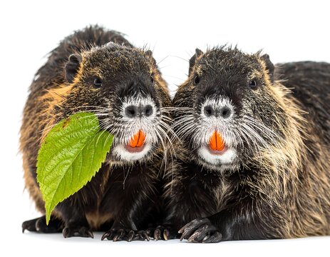 Two nutria portraits One holds a green leaf, posed against a bright white background