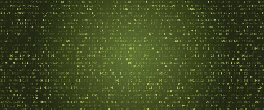 Green binary code matrix background with glowing yellow numbers and data stream concept for technology and cyberpunk themes