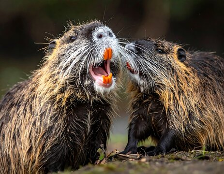 Two nutria with prominent orange teeth seemingly interacting in natural setting