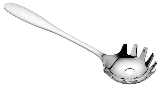 A shiny metal serving spoon on a black background