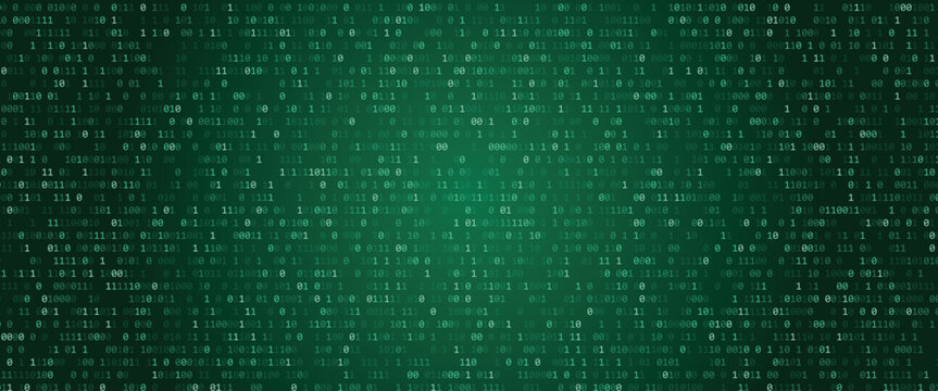 Green binary code background with glowing white numbers and data processing concept for technology and coding