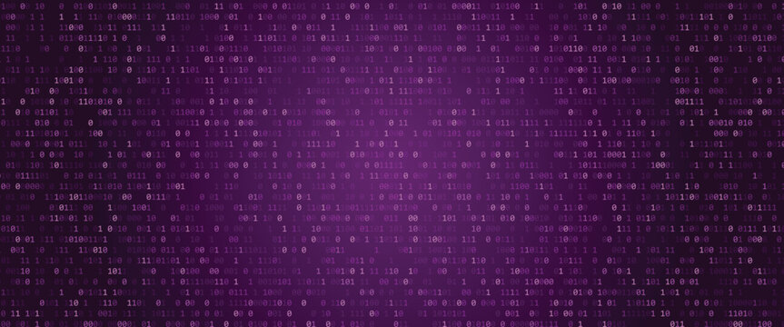 Digital binary code background with purple hue and data visualization elements for tech and coding concepts