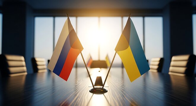 Russian and ukrainian national flags on a dark conference table in a modern boardroom with sunset light representing diplomatic peace negotiations