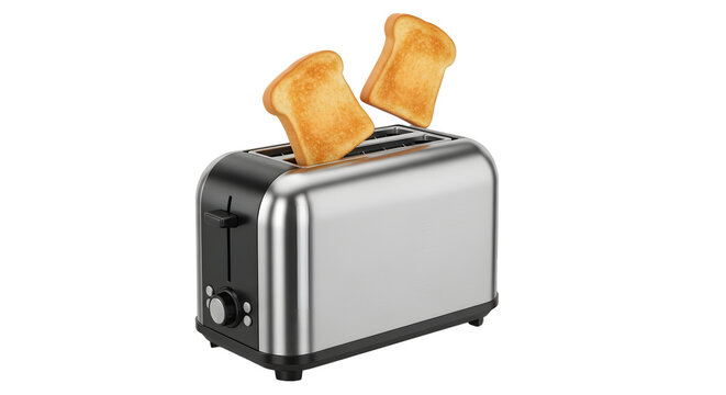 A shiny stainless steel toaster with two slices of toast popping up