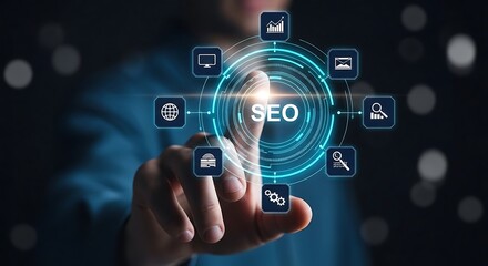 Fototapeta premium Businessman hand touching digital seo search engine optimization interface with glowing blue icons for marketing strategy and online ranking