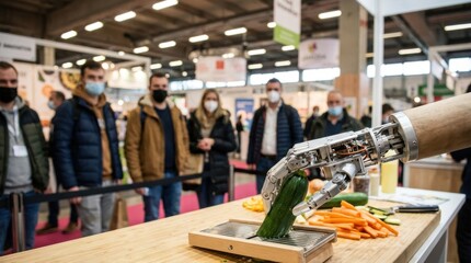 Obraz premium Robotic arm slicing a green zucchini with a mandoline at a technology exhibition People wearing masks observe in the