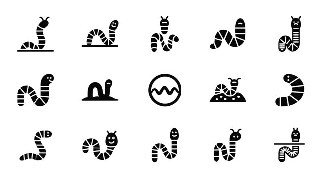 Collection of worm and caterpillar icons, representing different actions and expressions in a simple style