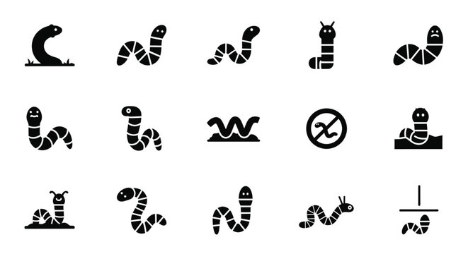 Set of worm and caterpillar icons, showing various stages and emotions in a cartoon style