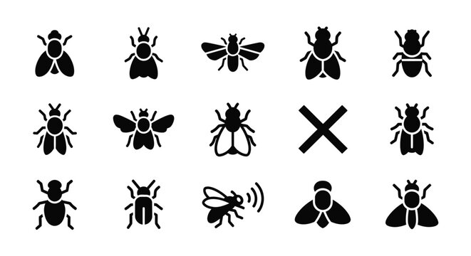Set of fly and insect icons, representing pests and insects in a flat design style
