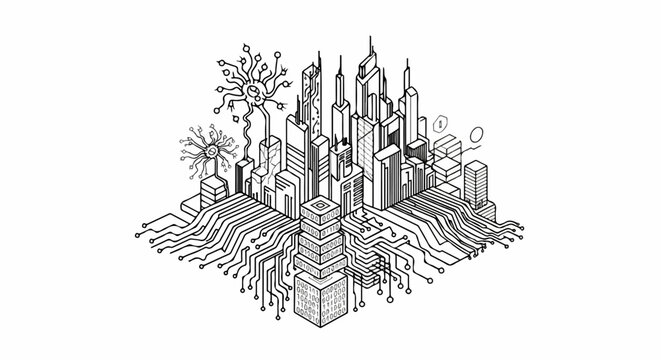 Futuristic cityscape fused with circuitry and neural networks