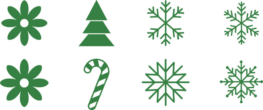 Set of green Christmas icons and winter silhouettes, snowflake, pine tree, candy cane, and flower vector elements for holiday season designs.