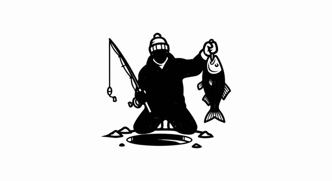 Man kneeling on ice holds up a freshly caught fish with fishing rod