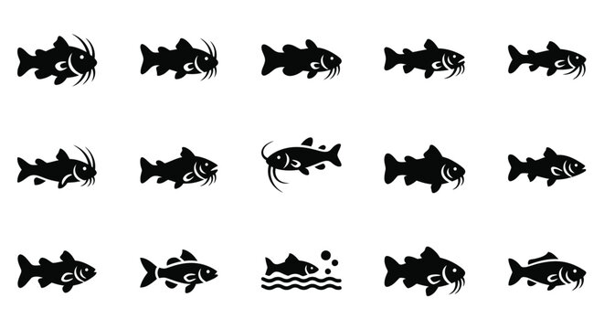Collection of catfish symbols, stylized freshwater fish with long barbels, icons for angling, river fauna and aquatic food