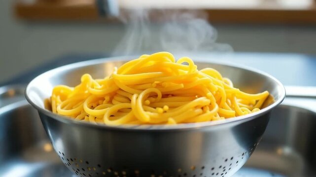 Steaming spaghetti in a metal colander placed over a pot. The pasta is bright yellow and appears freshly cooked, with steam rising above.