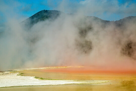 Colourful steam  of Artist's Palette geothermal feature, including Champagne Pool