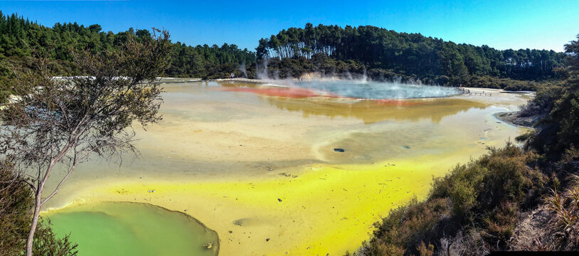 Panorama of the colourful Artist's Palette thermal feature, including Champagne Pool