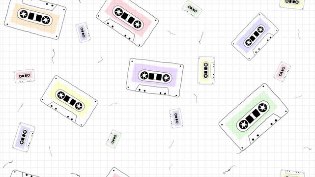 90s Retro Cassette Pattern Moving Up Rotating Reels Animated Sketch Checkered Paper 4K
