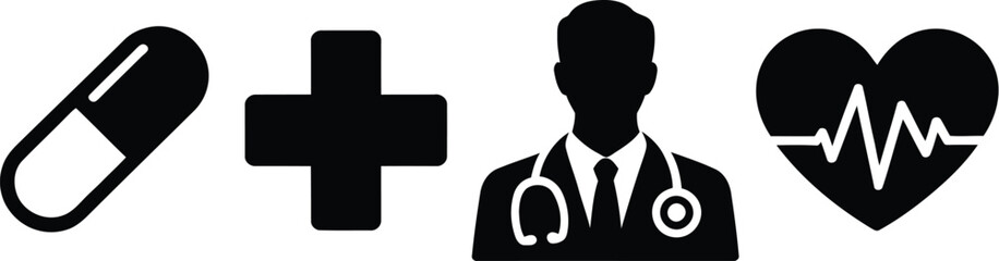 Fototapeta premium Medical Icons Set, black healthcare icons, doctor silhouette, stethoscope, heart with pulse, cross, syringe, capsule, flat minimalist design