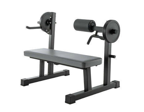 A black weight bench with adjustable arm curl and leg extension attachments