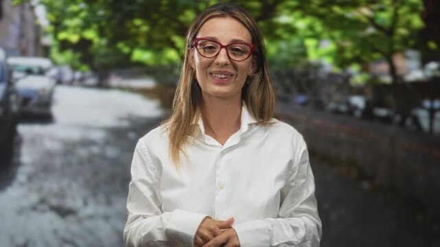 Woman holding hands up palms open wearing red glasses and white shirt on street with parked cars and green trees; cheerful greeting.